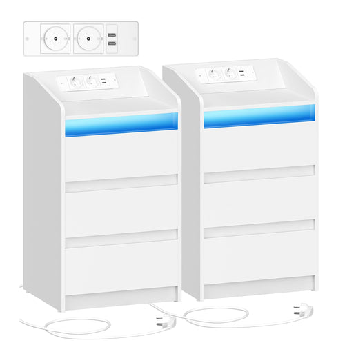 Hzuaneri NS40103X Nachttisch 2er Set Weiss mit Ladestation LED: Zwei weiße Nachttische bieten Ladestation und LED-Beleuchtung.