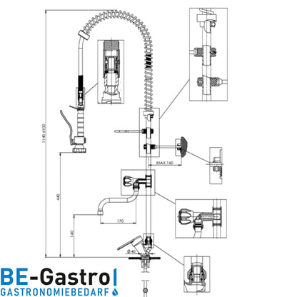 BE-GASTRO® Gastro Geschirrbrause Einloch Premium Hebelgriff Blau