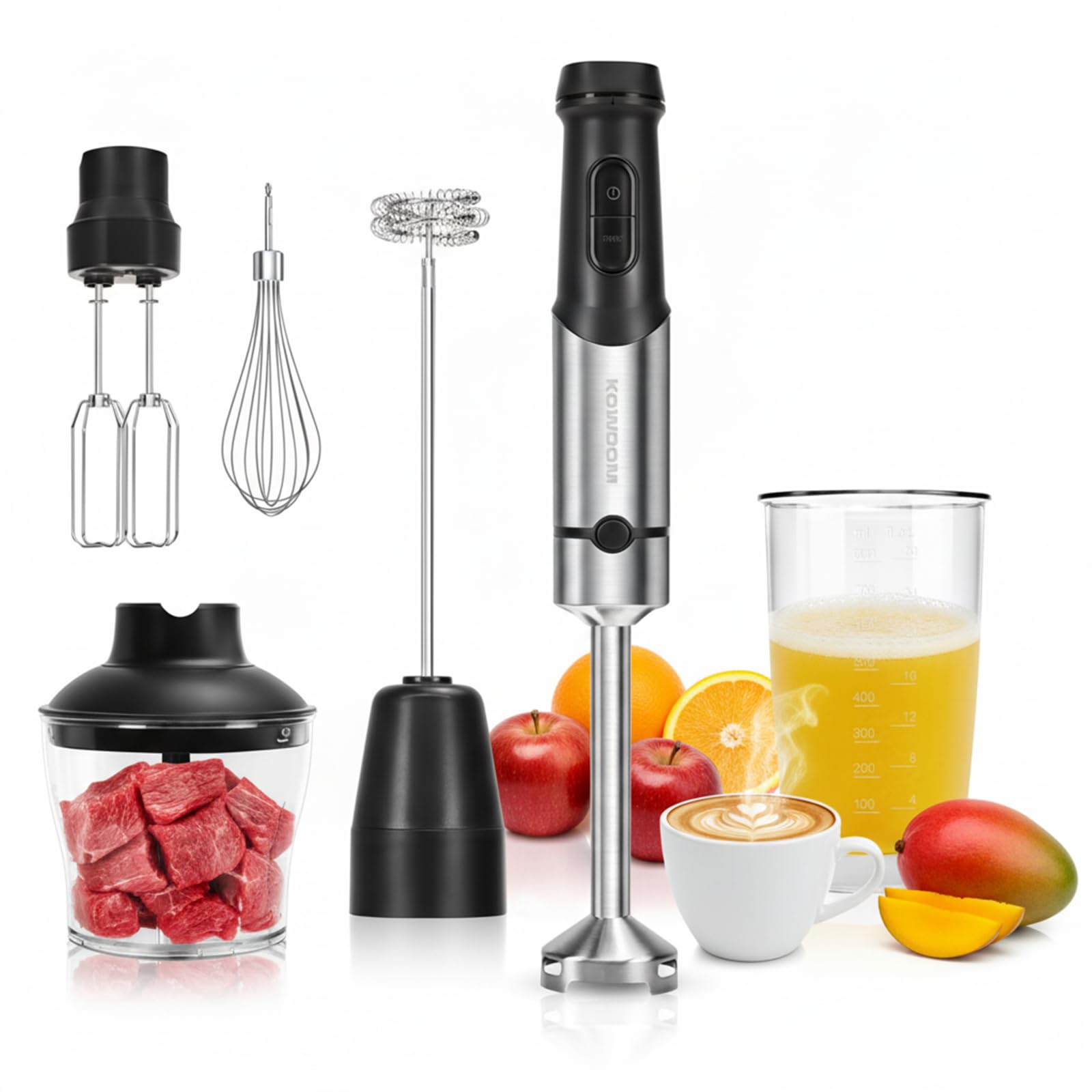 kowdom Stabmixer Set 1200 W mit Zerkleinerer und Milchaufschäumer aus Edelstahl