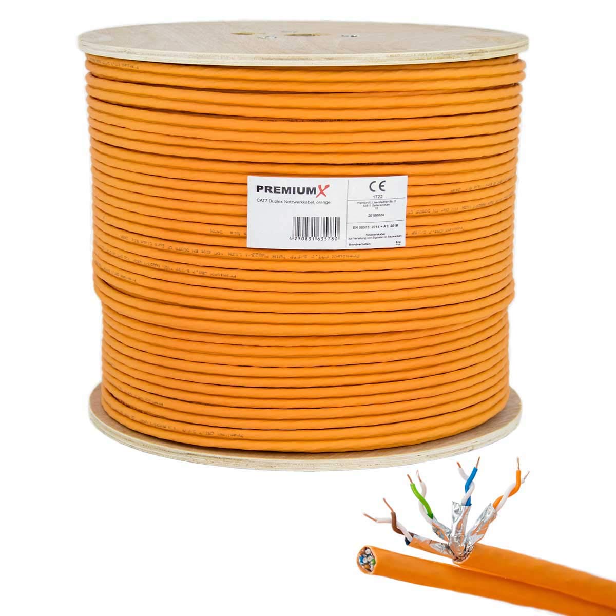 Premium X CAT 7 Netzwerkkabel 100 m Duplex Verlegekabel S/FTP Kupfer, oranger Aussenmantel