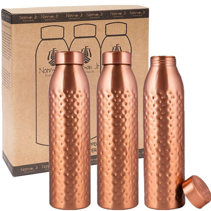 NORMAN JR Kupfer-Wasserflasche 1L – 3er Geschenkset Gehämmert: Drei gehämmert-kupferne 1L-Flaschen zur Hydration.