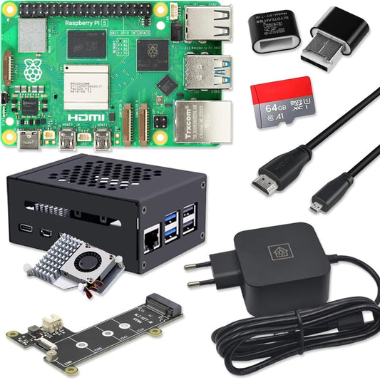 Raspberry Pi 5 8GB Kit - M.2 NVMe, Metallgehäuse, Active Cooler. Grüner Single-Board-Computer für DIY-Projekte.