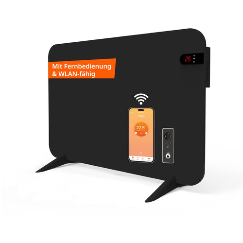 Könighaus 450W Smart Dual-Infrarotheizung V2 – Schwarz. Schwarzes, rechteckiges Heizpaneel zur effizienten Raumheizung.