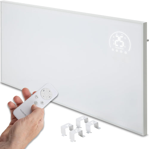 Heidenfeld HF-HP140 Mobile Infrarotheizung - 300 Watt. Rechteckiges, weißes Panel mit Standfuß für Infrarot-Raumbeheizung.