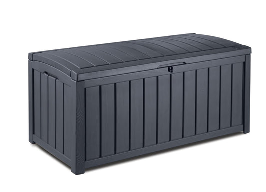 Keter Glenwood Auflagenbox 390L Graphit Holzoptik - Wasserdicht, dient zur wasserdichten Aufbewahrung von Gartenauflagen.