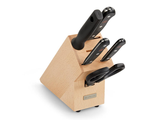 WÜSTHOF Gourmet Messerblock Set – bestückt mit 5 Artikeln: Dunkler Holz-Messerblock mit 5 Messern (silberne Klingen, schwarze Griffe). Zur Speisenzubereitung.