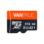VANTRUE microSD Speicherkarte - 512GB UHS-I U3 4K. Rechteckige, schwarze Karte. Speichert 4K-Videos für Kameras, Drohnen.