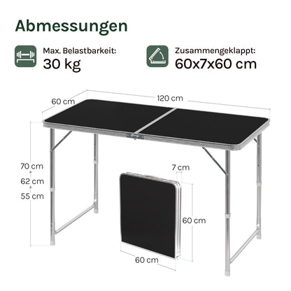 WOLTU Campingtisch CPT8122sz, höhenverstellbar, 120x60 cm, schwarz