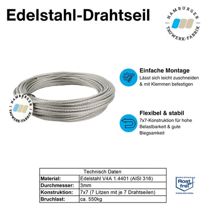 Edelstahl Drahtseil 7x7 V4A Inox Geländerseil rostfrei - 3mm 90m
