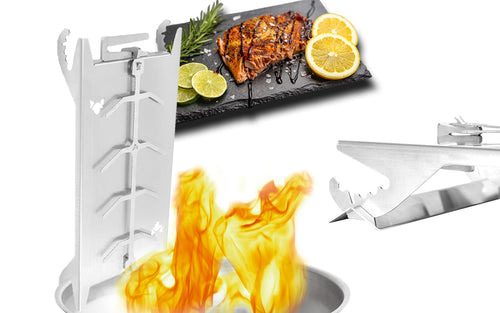 FENNEK Shorty Flammlachshalter Edelstahl für Grill & Feuerschale: Silberner Halter mit Klemmfunktion für Flammlachs-Garen.