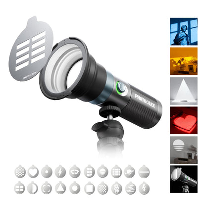 PHOTOOLEX LED Fotolampe 104-FS mit 4 Farben und 20 magnetischen Gobos aus Aluminiumlegierung