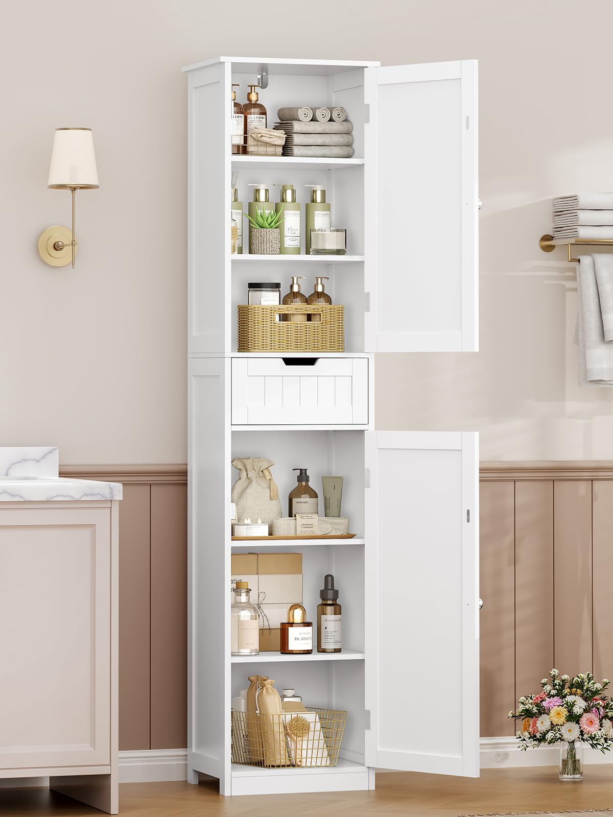 TEENFON Badezimmerschrank schmal mit 2 Türen und Schublade, weiss, silberne Knöpfe