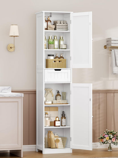 TEENFON Badezimmerschrank schmal mit 2 Türen und Schublade, weiss, silberne Knöpfe