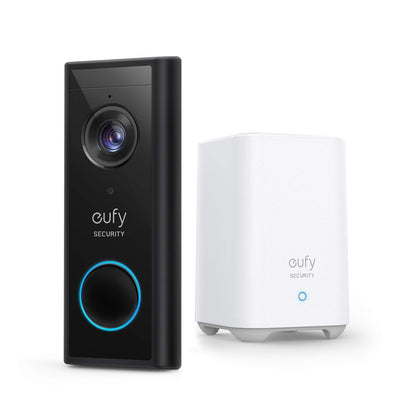 eufy Security S220 kabellose 2K Video-Türklingel – Akku. Dunkle, rechteckige Akkuklingel mit 2K-Kamera zur Besucherüberwachung.