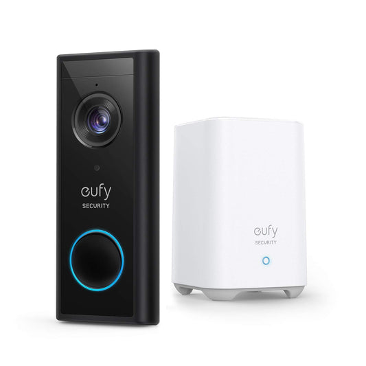 eufy Security S220 kabellose 2K Video-Türklingel – Akku. Dunkle, rechteckige Akkuklingel mit 2K-Kamera zur Besucherüberwachung.