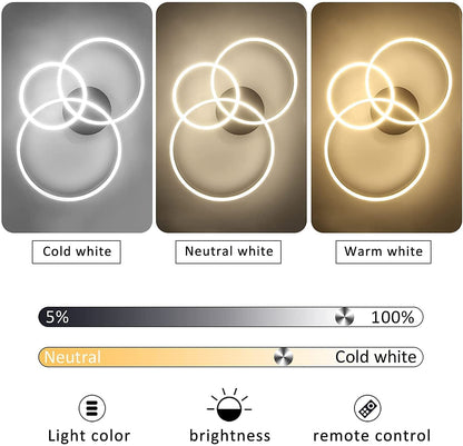 ZMH LED Deckenleuchte Wohnzimmer 3 Ringe Schwarz Dimmbar 82cm