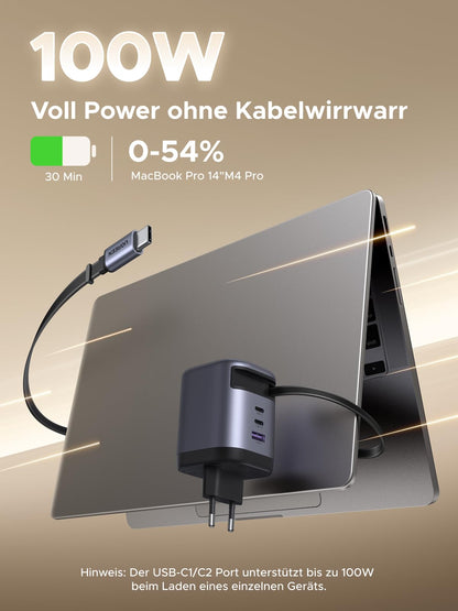 UGREEN Nexode 100W USB C GaN Ladegerät 4-Port – Einziehbares Kabel