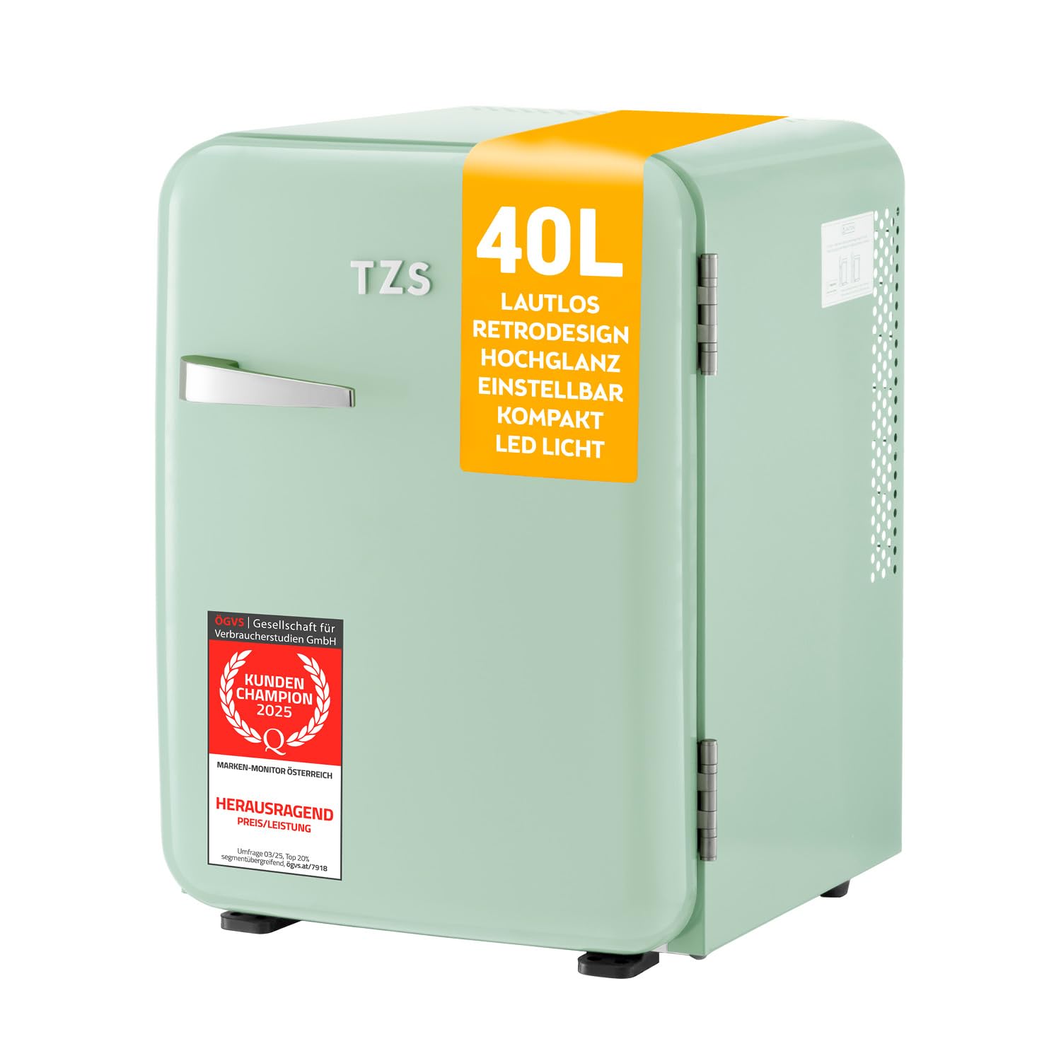 TZS First Austria Retro Mini-Kühlschrank 40L lautlos mint – mit Metall-Türgriff und Hochglanz-Finish