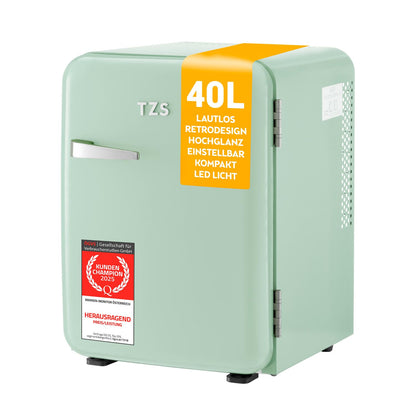 TZS First Austria Retro Mini-Kühlschrank 40L lautlos mint – mit Metall-Türgriff und Hochglanz-Finish