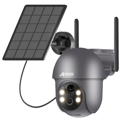 ANRAN Q1 2K Überwachungskamera Aussen, Solar, 360° PTZ, Grau mit Solarpanel und Flutlicht