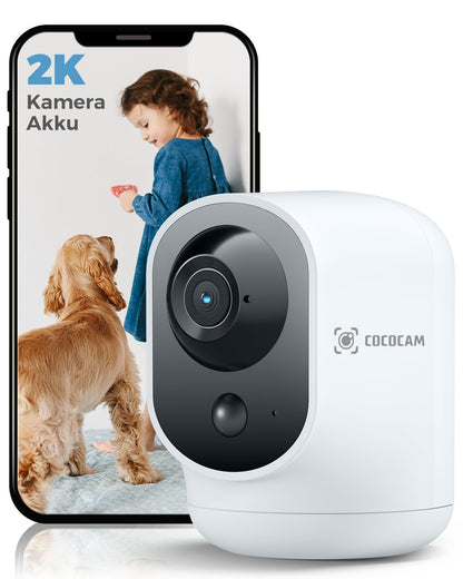 COCOCAM 2K Überwachungskamera innen, WLAN, Akku, 355° schwenkbar, Gehäuse in Weiss