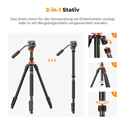 K&F CONCEPT Videostativ K234A7+FH-03 mit Fluidkopf, Aluminium, 200 cm