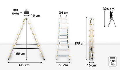 DRABEST PRO Serie Alu Trittleiter beidseitig - 8 Stufen