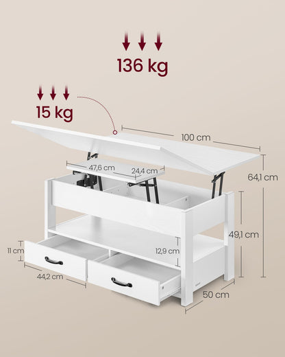 VASAGLE Couchtisch LCT254W02, höhenverstellbar, schneeweiss