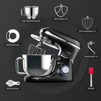 Fentic Küchenmaschine 2000W Edelstahl 6.2L Knetmaschine – Schwarz