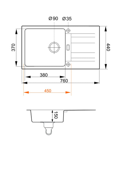 Manestein Granit Spülbecken Küchenspüle - Einzelbecken Graphit 76x44cm
