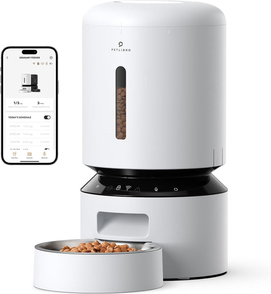 PETLIBRO 5L Futterautomat WiFi - Katze & Hund Weiss. Weißer Futterspender für Heimtiere, steuerbar per WiFi, dosiert Trockenfutter.