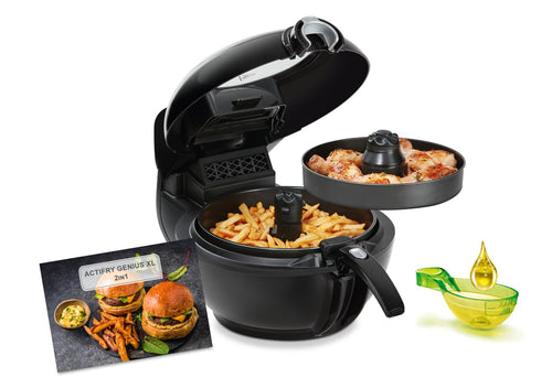 Tefal ActiFry Genius XL 2in1 Heissluftfritteuse - YV9708 Schwarz. Schwarzes, ovales Gerät frittiert zwei Gerichte parallel.