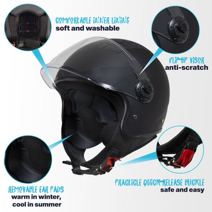 VINZ Como Jethelm mit Visier ECE 22.06 Motorradhelm matt schwarz