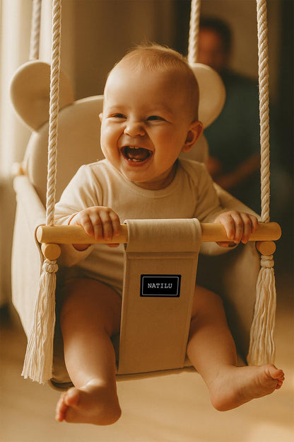 NATILU Bär Light Beige Velvet Babyschaukel - Indoor Outdoor