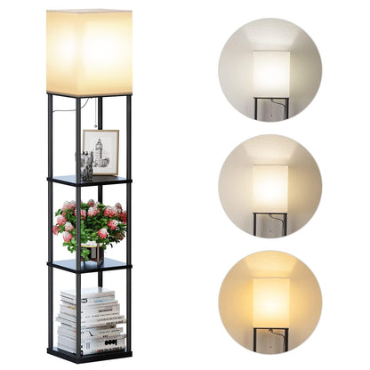 YooShine Stehlampe mit Regal, LED, 3 Farbtemperaturen, schwarz mit weissem Leinenschirm und Holzablage