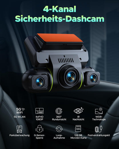LAMTTO Dashcam 4-Kanal Auto Kamera Vorne Hinten Innen WiFi
