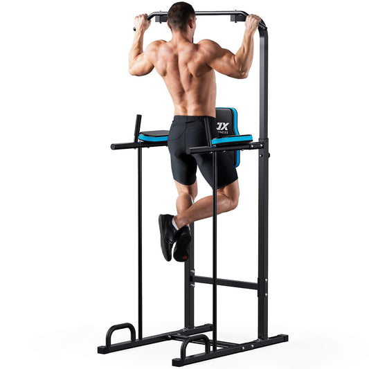 JX FITNESS Kraftturm Power Town – Multifunktions-Fitnessturm, ein schwarzer Stahlrahmen. Ermöglicht Klimmzüge, Dips, Beinheben.