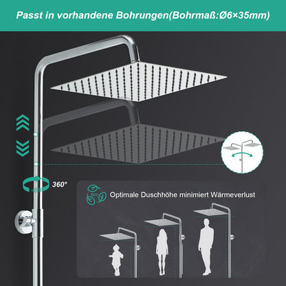 OFFO Regendusche Duschset Edelstahl 30x30 cm höhenverstellbar