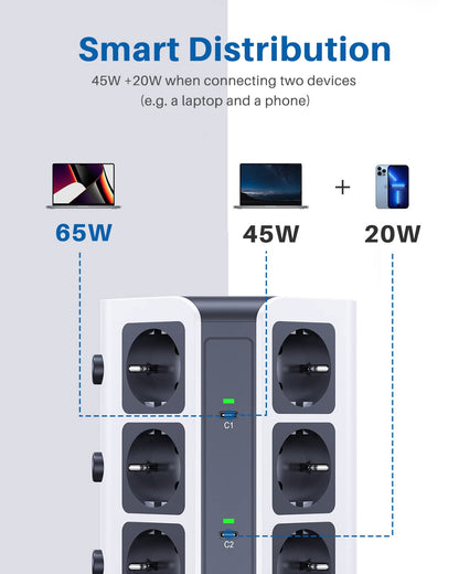 KOOSLA 12-fach Steckdosenturm 65W USB C PD Überspannungsschutz Grau