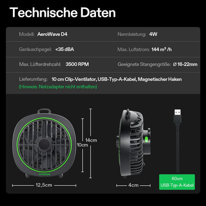 VIVOSUN AeroWave D4 Clip Ventilator 10 cm, 3 Stufen, schwarz, 2er-Pack