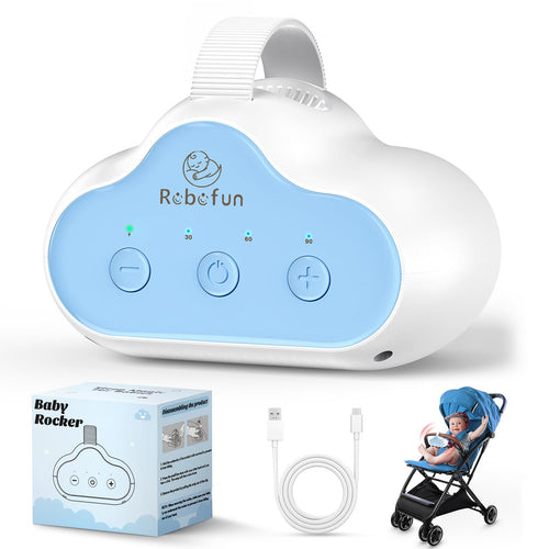 Robofun Kinderwagenschaukler Einschlafhilfe Baby mit USB-C & Timer – blau-weisses Wolken-Design aus ABS