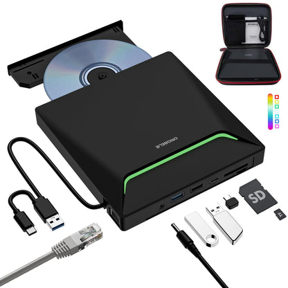 ORIGBELIE Externer DVD-Brenner USB 3.0 mit RJ45, USB-Hub und SD/TF, schlank, RGB-LED