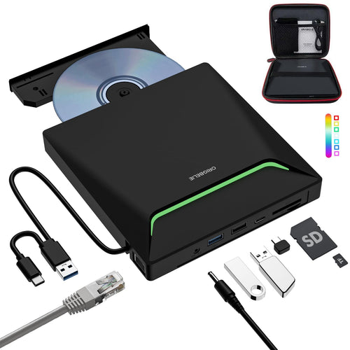 ORIGBELIE Externer DVD-Brenner USB 3.0 mit RJ45, USB-Hub und SD/TF, schlank, RGB-LED