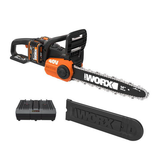 WORX WG384E Akku Kettensäge – 40V 35cm inkl. Akkus. Grüne, kompakte Akku-Kettensäge mit 35cm Schwert. Ideal zum Sägen von Brennholz und Entasten.