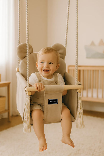 NATILU Bär Light Beige Velvet Babyschaukel - Indoor Outdoor