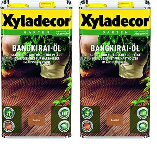 Xyladecor Bangkiraiöl Holzpflegeöl – 5L Doppelpack. Rötlich-braunes Öl pflegt und schützt Bangkiraiholz im Außenbereich.