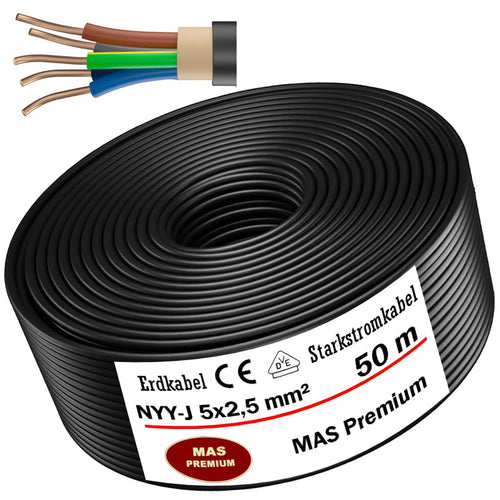 MAS Premium NYY-J Erdkabel Stromkabel 5x2.5 mm² - 50m Ring: Schwarzes, gerolltes Kabel. Zur Stromversorgung für Erdverlegung.