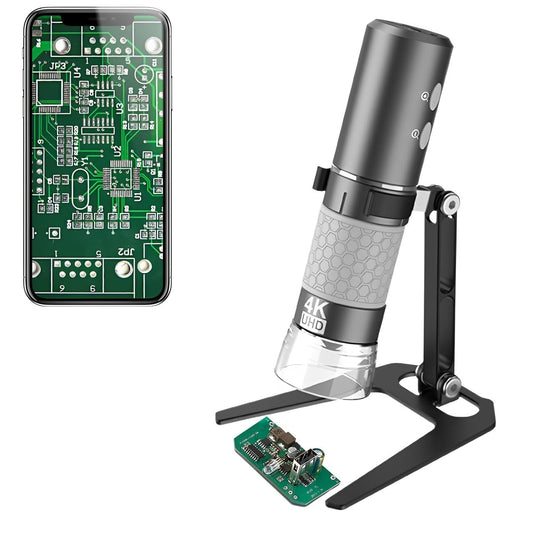 Jiusion WiFi USB Digitalmikroskop 1000X 4K mit Metallständer. Schwarzes Mikroskop auf Metallständer zur Betrachtung kleiner Objekte.