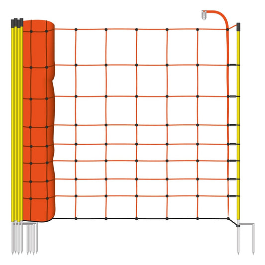 VOSS.farming Elektrozaun-Netz Schafzaun – 50m, 108cm, 2 Spitzen, gelb. Gelbes Elektrozaun-Netz mit Doppelspitzen-Pfählen zur mobilen Hütesicherheit von Schafen.