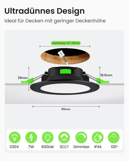 ALUSSO LED Einbaustrahler 230V dimmbar schwarz 68mm 7W IP44, 6er Set
